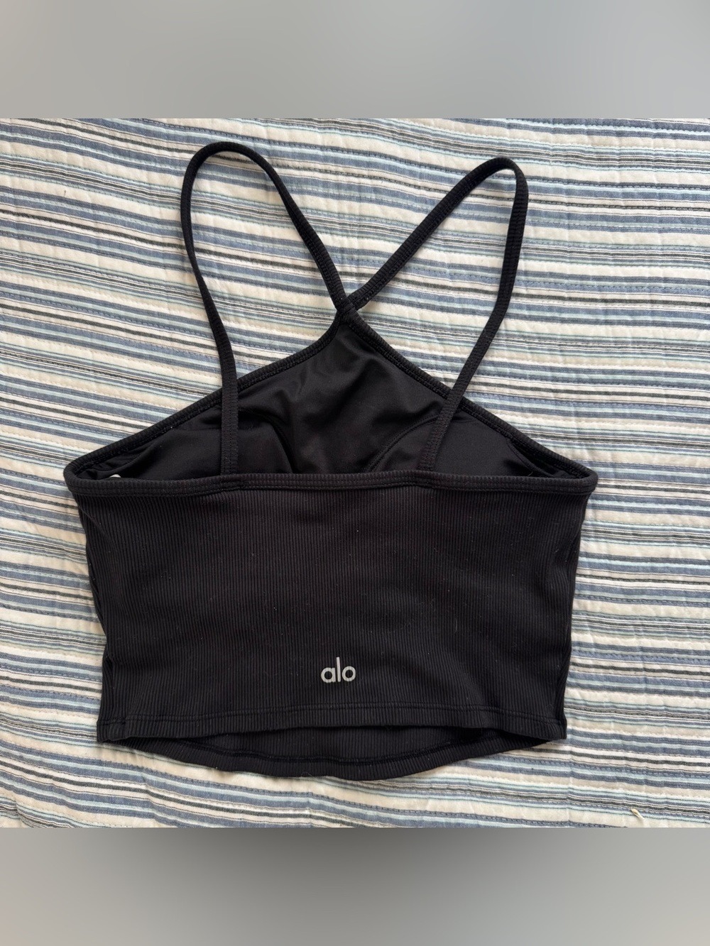 Alo Black Ribbed Cropped Tank with Strappy Back